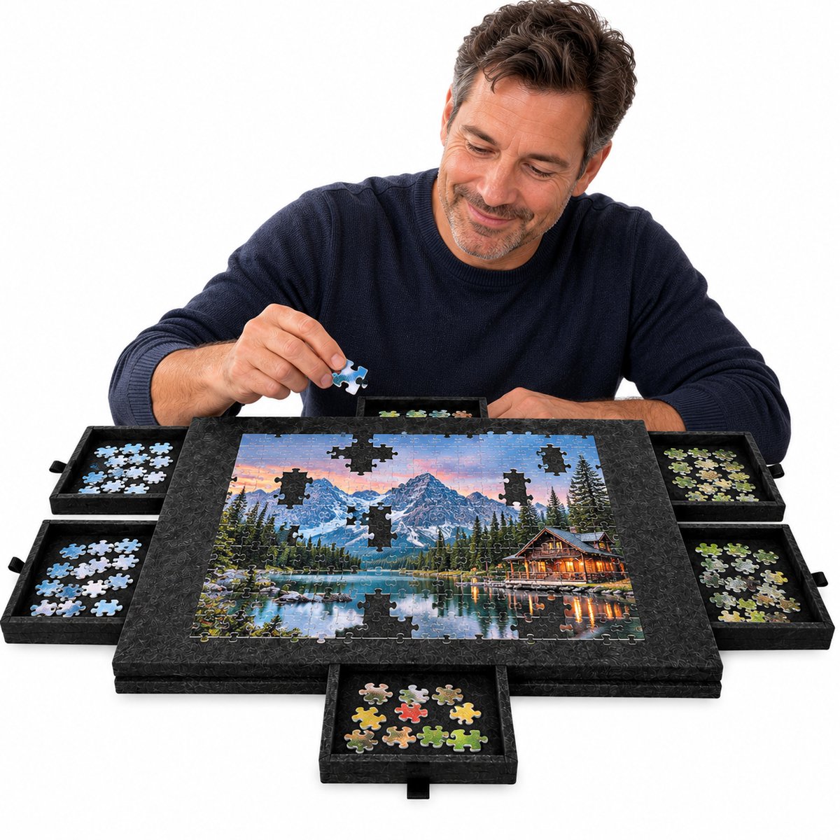 Currero Puzzeltafel Met Lades 1000 Stukjes - Puzzelbord - Puzzelmat - Opbergsysteem - Vilt - Met Deksel - Legpuzzel Accessoires - 1000 Pcs Zwart