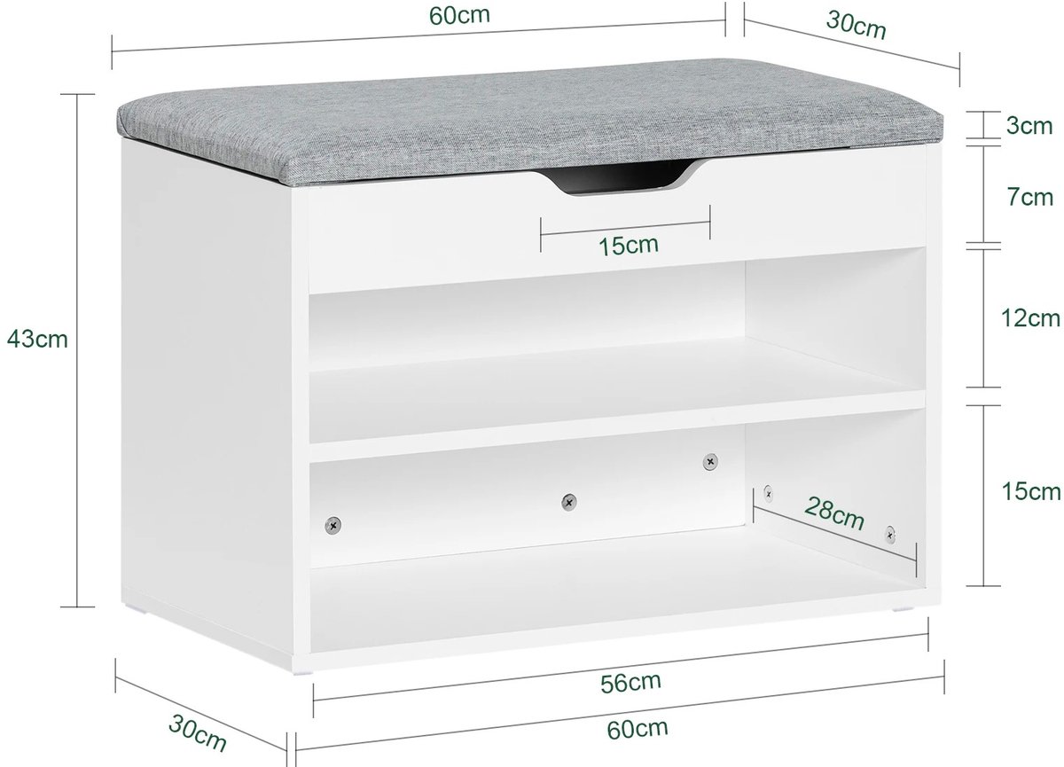 MokoHub Schoenenbank met Zitbank - Schoenenrek - Schoenenkast - 2 opbergvakken - 60×43×30 cm - Wit & Lichtgrijs