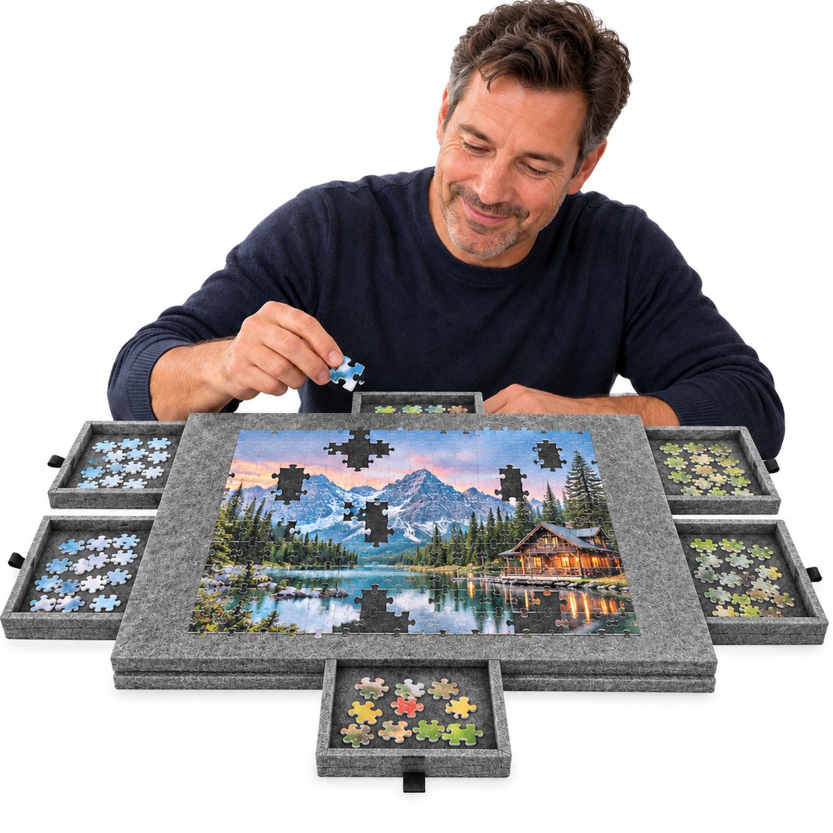 Currero Puzzeltafel Met Lades 1000 Stukjes - Puzzelbord - Puzzelmat - Opbergsysteem - Vilt - Met Deksel - Legpuzzel Accessoires - 1000 Pcs Grijs