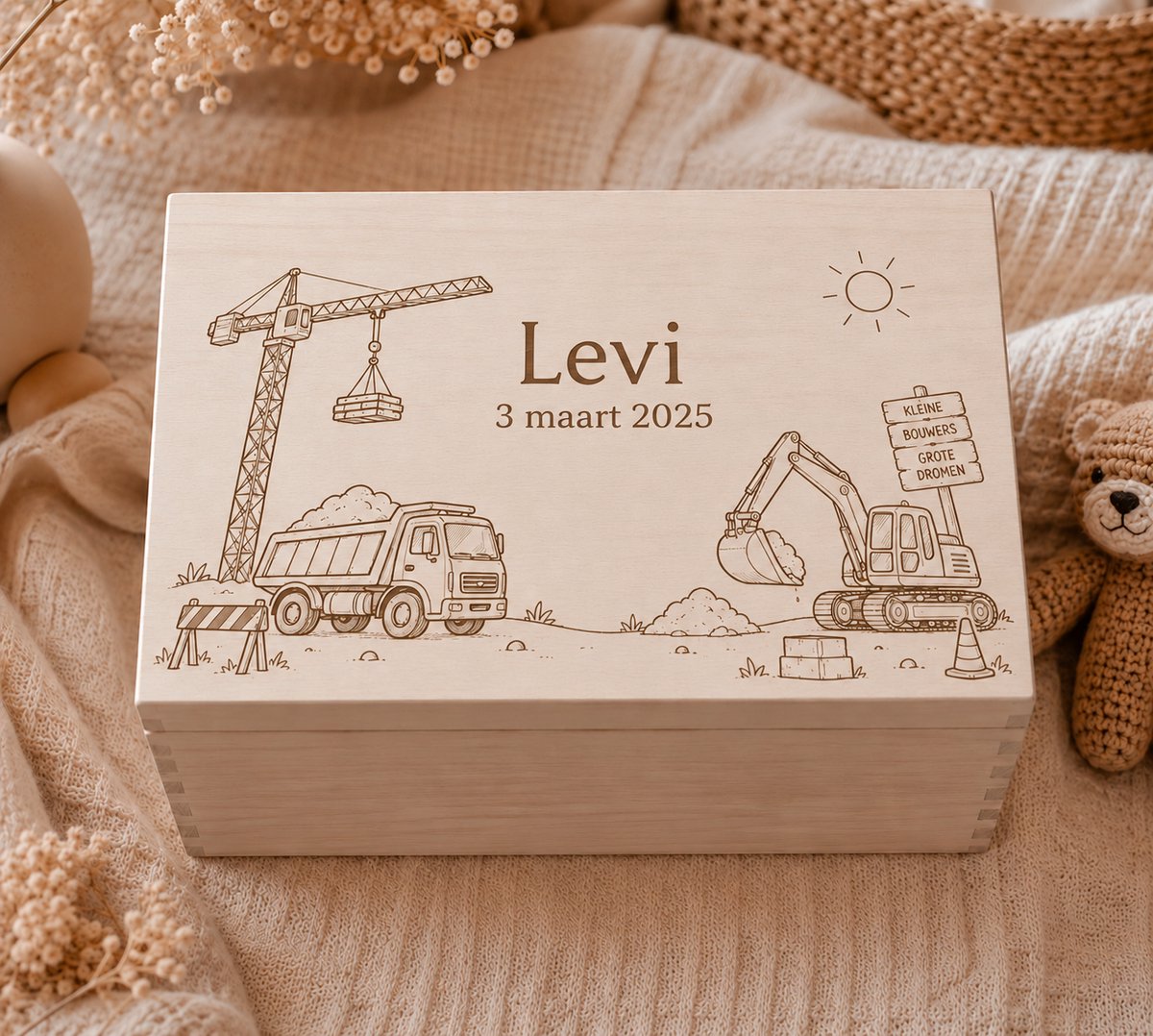 Memorybox Bouwplaats | Gepersonaliseerd | Herinneringen bewaren | Kraamcadeau | Babykamer | Maat L