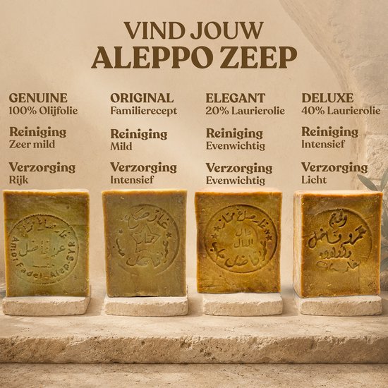 Vier soorten Aleppo zeep: Genuine, Original, Elegant en Deluxe met olijfolie en laurierolie.