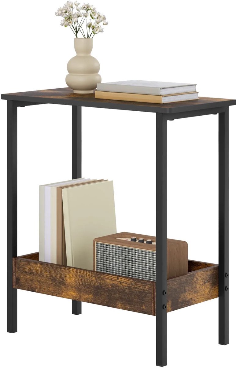 Klarven® Zijkastje Bruin - Dubbel legvlak - Opbergruimte, Waterdicht hout, Stabiel metaal - B 50 x D 25 x H 55 cm