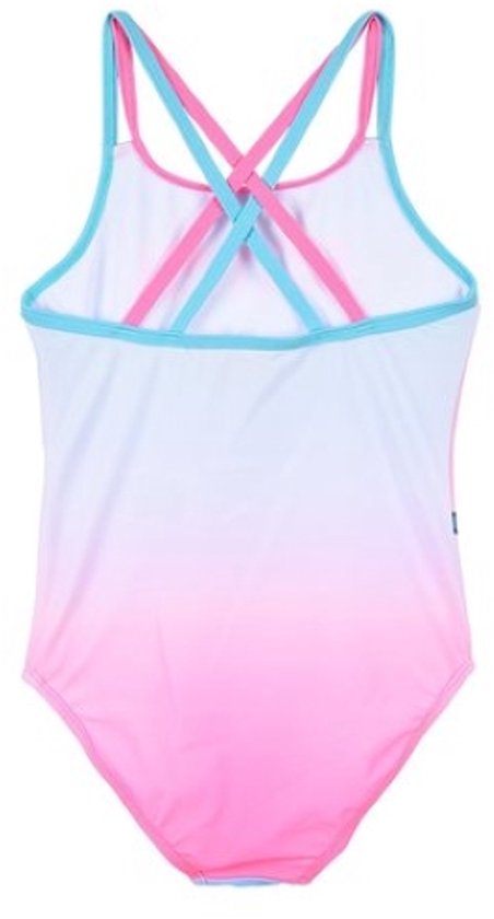 Achterkant van een roze en wit badpak met gekruiste blauwe en roze schouderbandjes.