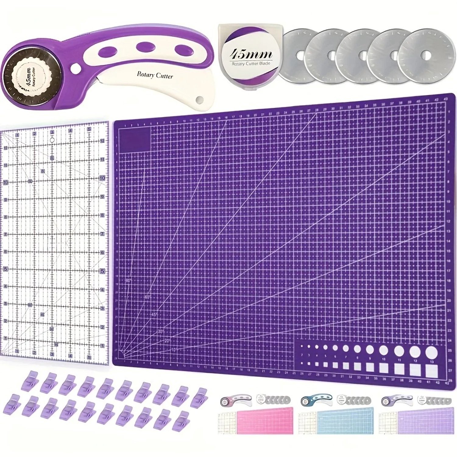 Cherrys Finds - Snijmat A3 - Knutselmat Hobbymat - Precisie Snijden - Snijmat Acrylliniaalclips Voor Quilten, Naaien, Knutselen - Met 5 Messen - Snijset - 45 mm Stofsnijder - Paars