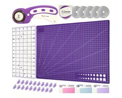 Cherrys Finds - Snijmat A3 - Knutselmat Hobbymat - Precisie Snijden - Snijmat Acrylliniaalclips Voor Quilten, Naaien, Knutselen - Met 5 Messen - Snijset - 45 mm Stofsnijder - Paars