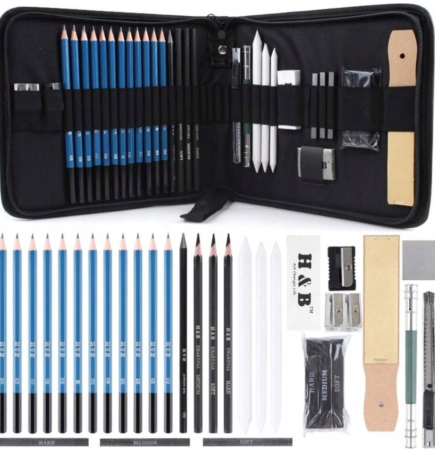 Ilso Professionele Schets Potloden Set 32-Delig - Teken Potloden - Accessoires – Tekenen met Houtskool & Grafiet - Etui - Teken Set - Potloden - Potlood