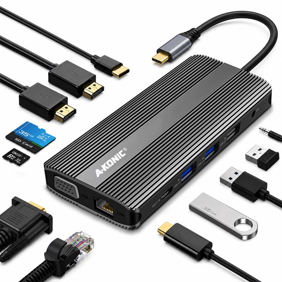 Zwart A-Konisch dockingstation omringd door verschillende kabels en accessoires, waaronder HDMI, USB en SD-kaarten.