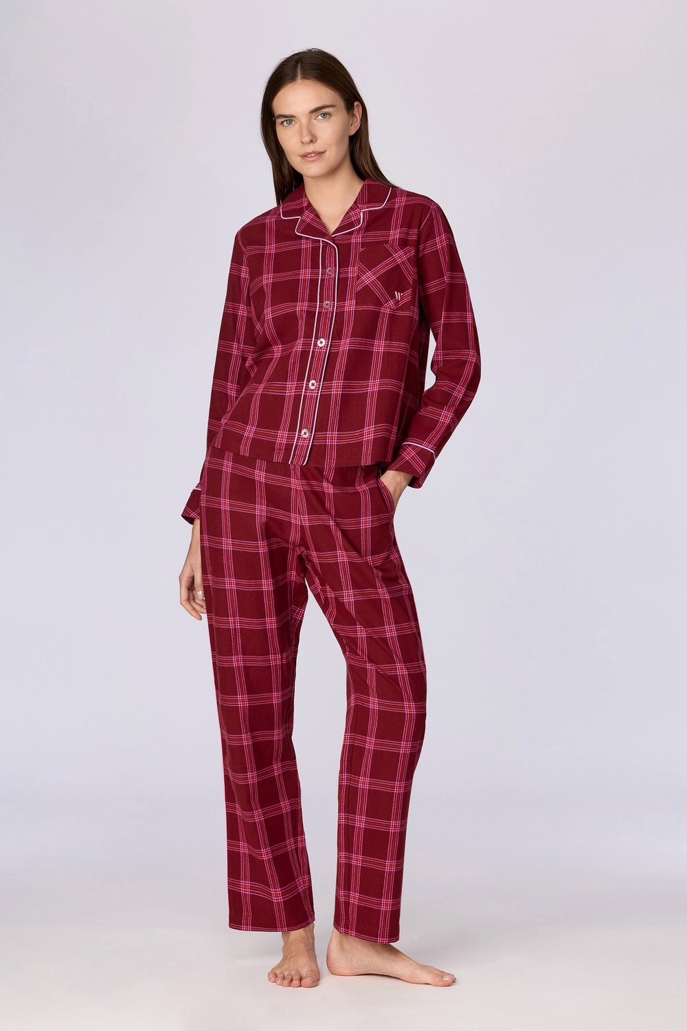 Woody pyjama dames doorknoop - bordeaux geruit - 262-15-XPW-W/985