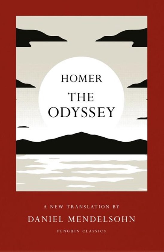 Couverture du livre 'Homer The Odyssey' avec une illustration d'un coucher de soleil sur un paysage aquatique.