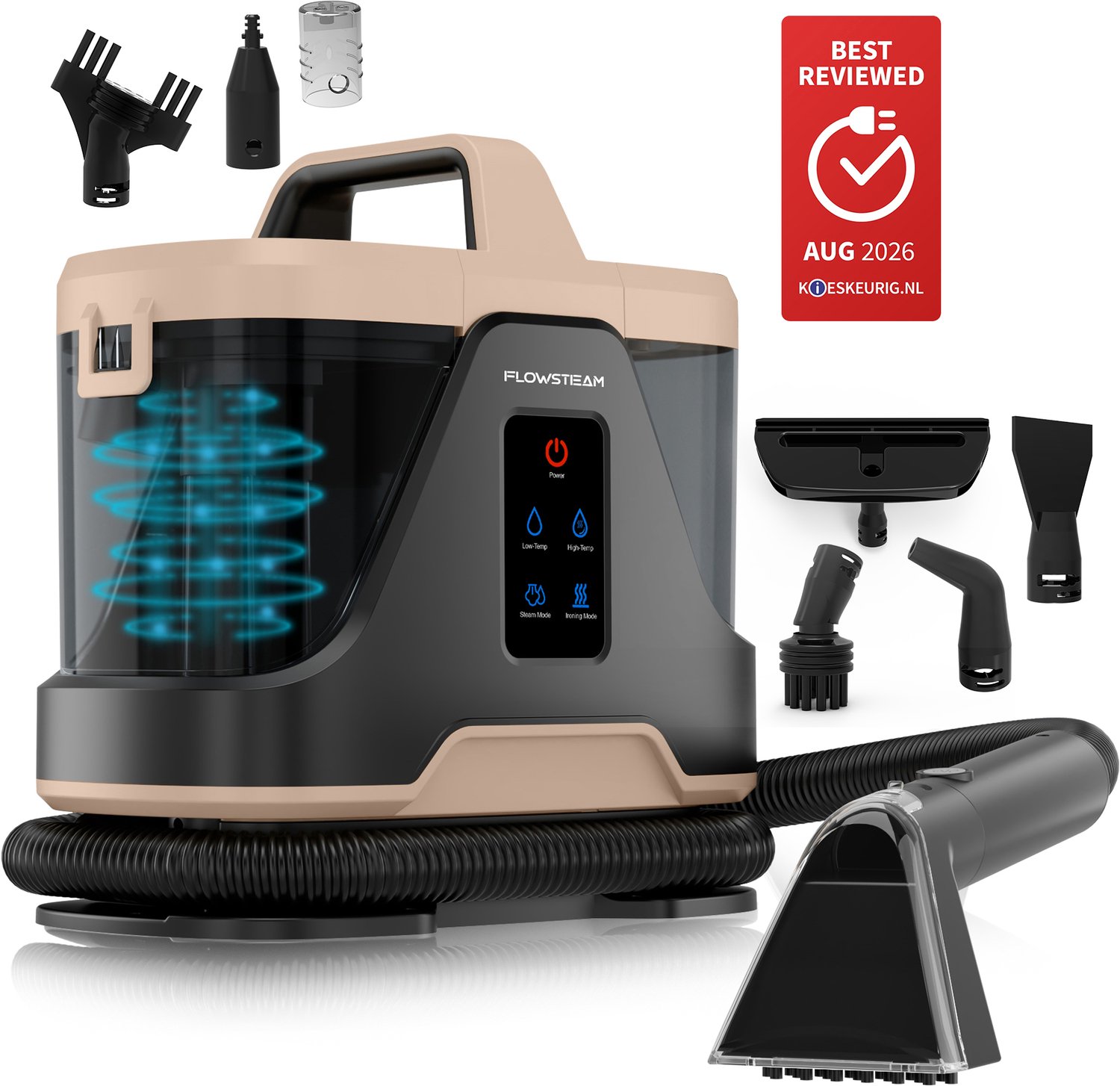 FLOWSTEAM® 6-in-1 Stoomreiniger PRO 1700W - Tapijtreiniger – Vlekkenreiniger – Handstomer – Zetelreiniger - 100°C Stoom - 4 Stoomstanden - 90 Minuten Stomen - 5M Snoer