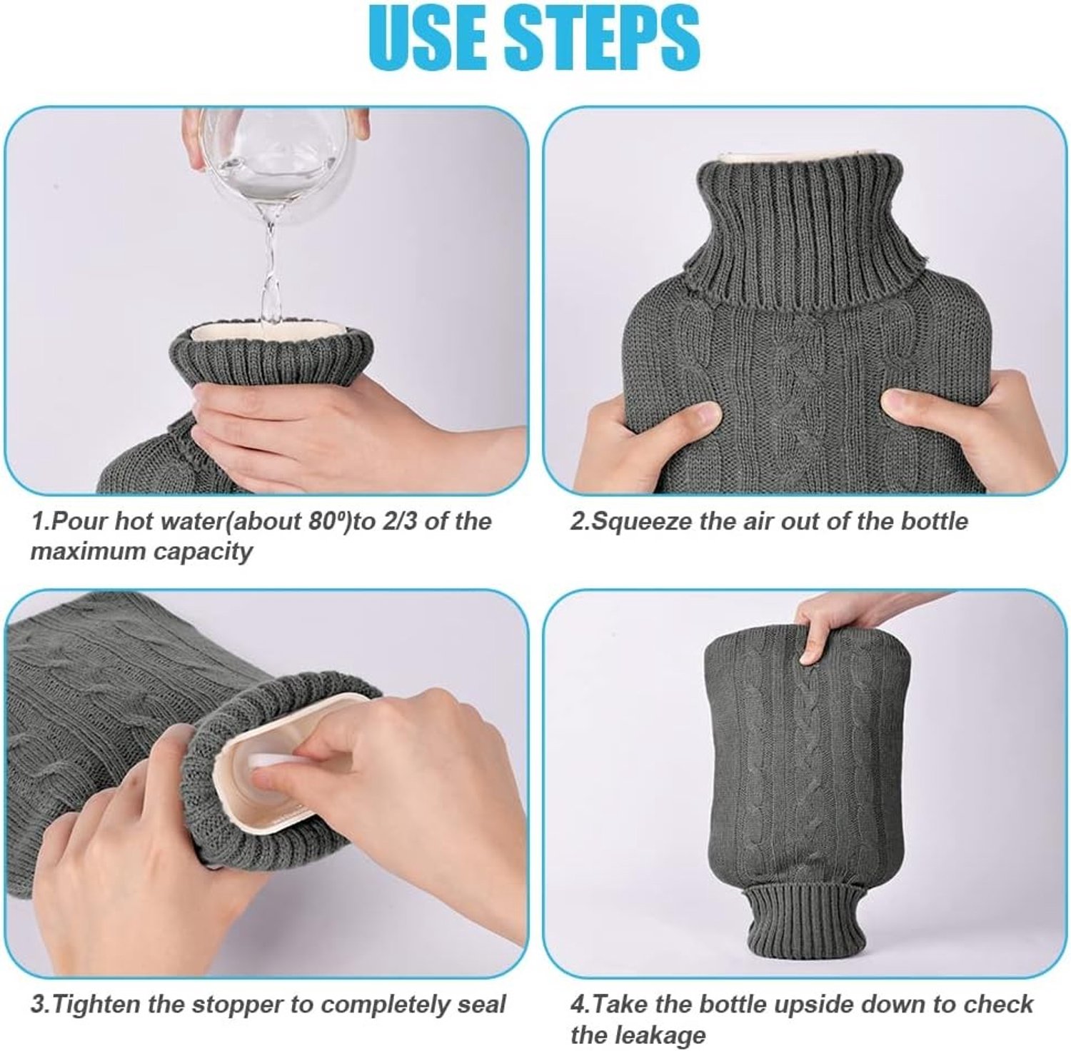 Warmwaterkruik - Donkergrijs - 2 liter - Met Gebreide Hoes - Voor Hand- en Voetverwarming