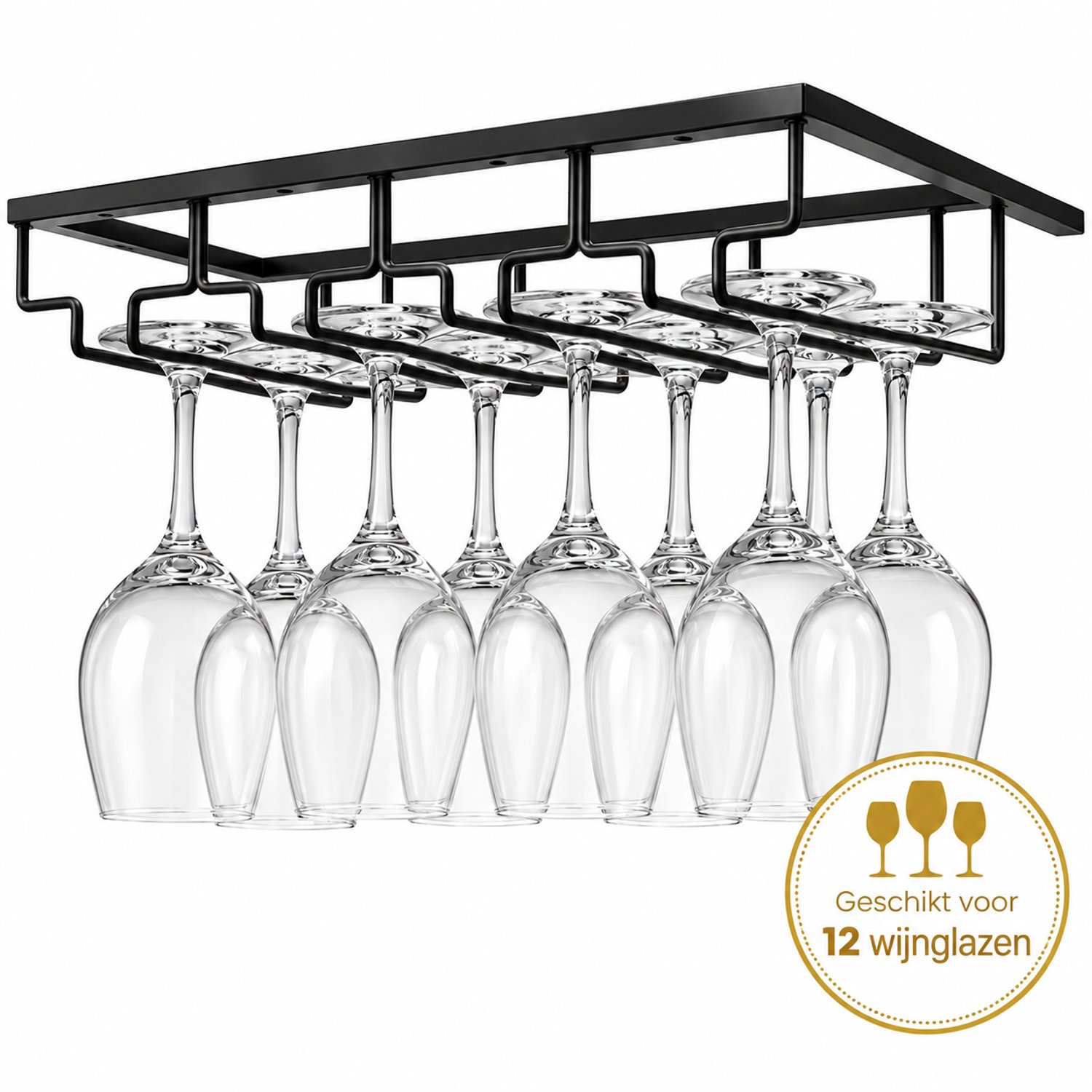 DIVERZA Wijnglazenrek – Ophangrek voor 12 Wijnglazen – Ruimtebesparend Glazenrek voor Onder Kast of Plank – Metaal – 40 x 23,7 x 6 cm – Zwart