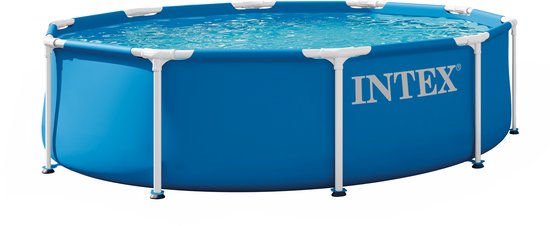Blauw Intex Metal Frame Pool 305x76 cm gevuld met water, met witte buizen en Intex logo.