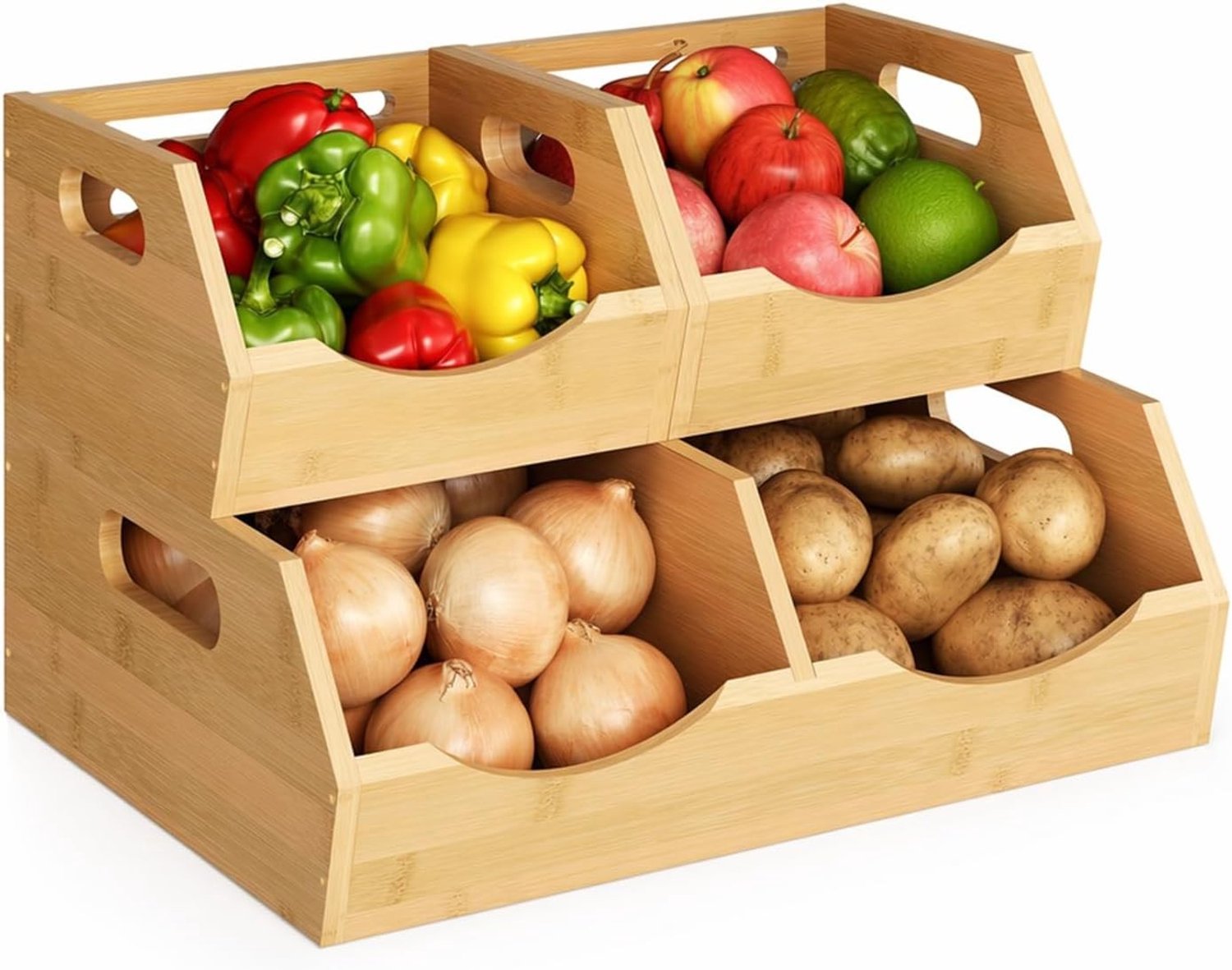 Aardappel- en Uienbak - Naturel - 2 Etages - Bamboe Keukenrek met Geventileerde Bakken - Voor Groenten en Knoflook