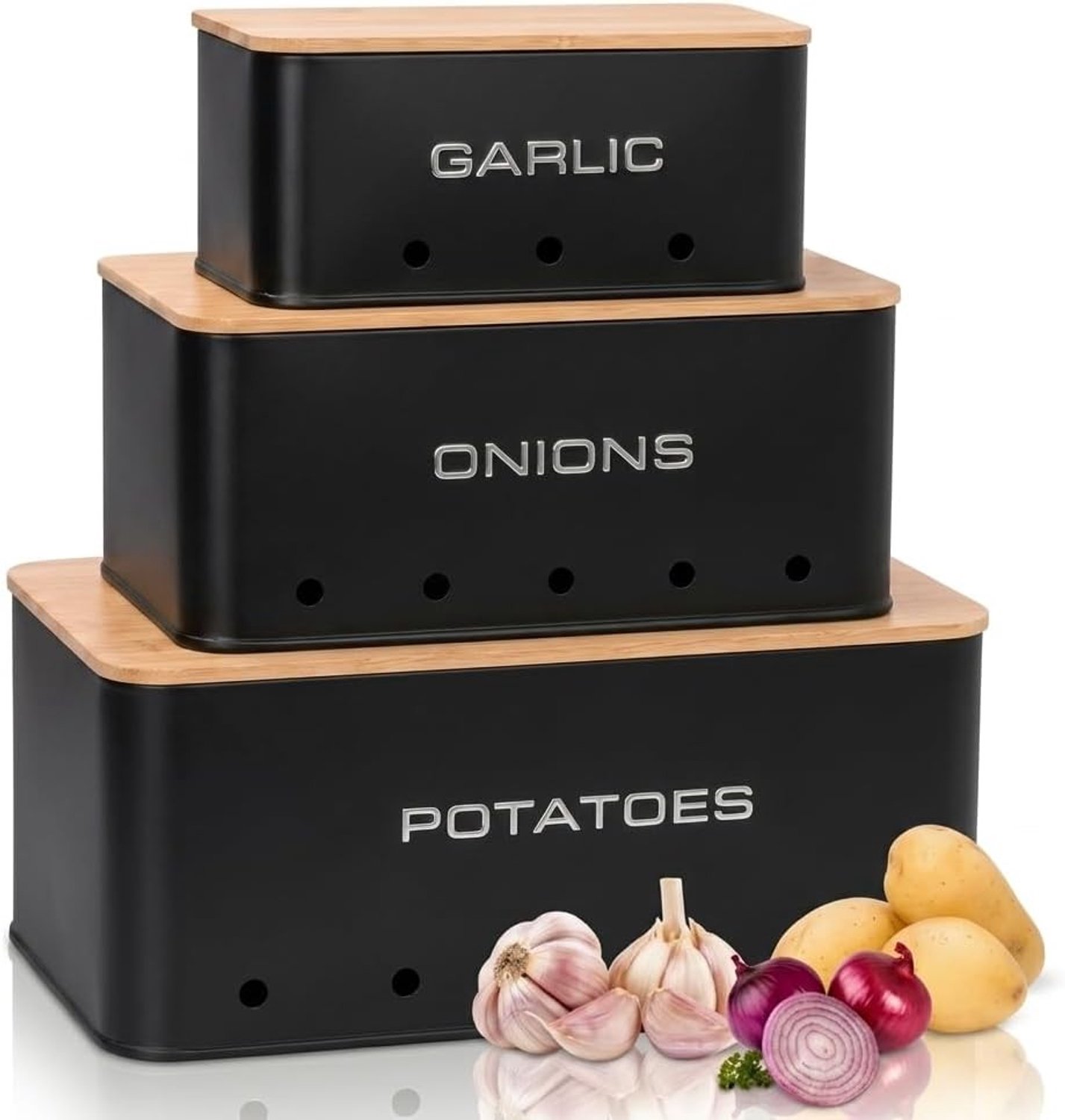 Aardappel- en Uienorganizer - Zwart - Rechthoekig - Gelakt IJzer met Bamboedeksel - Voor Groentenopslag