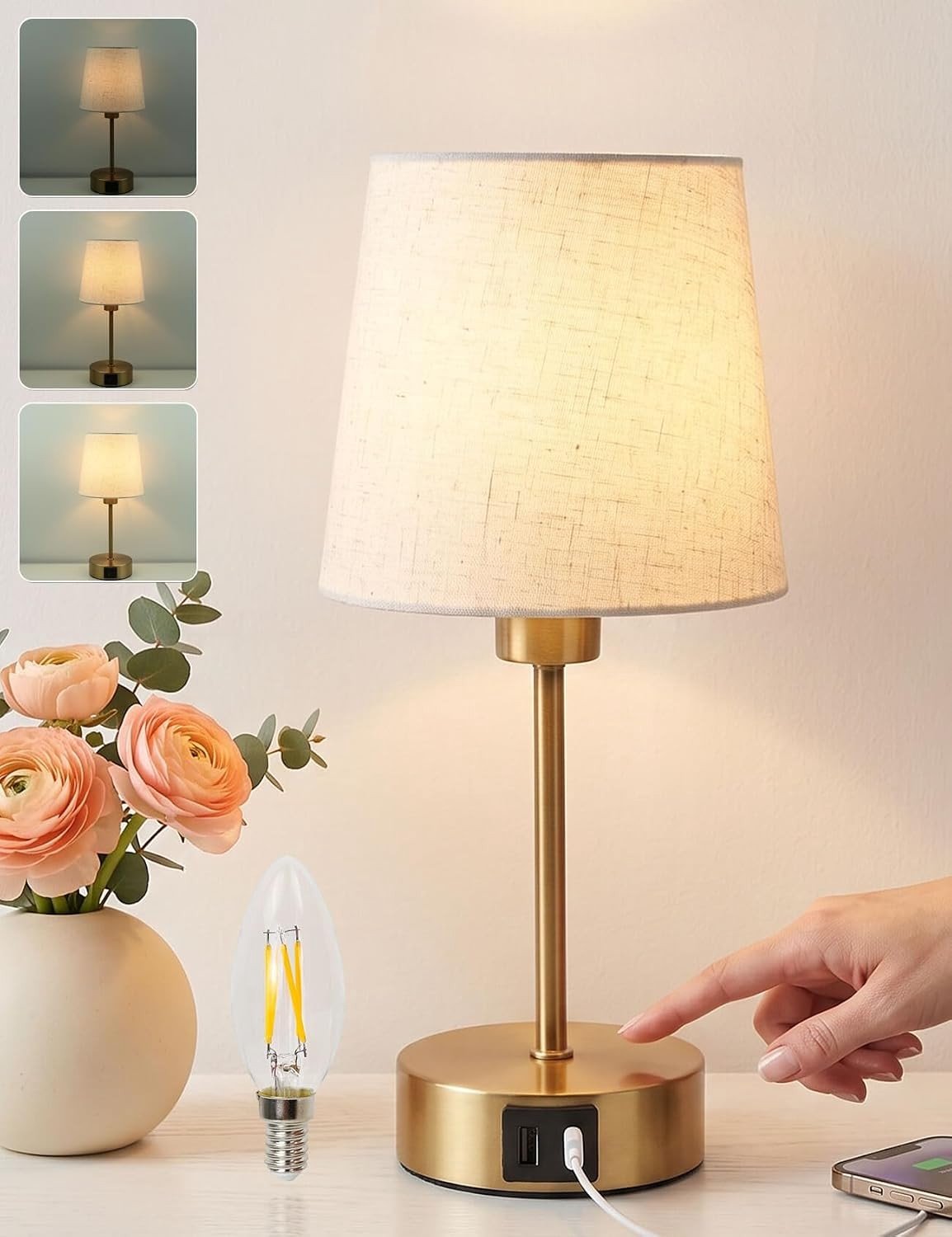 Bedlampje met aanraakfunctie - Goud - Dimbaar met USB-A en USB-C-oplaadpoorten - Voor Slaapkamer en Woonkamer
