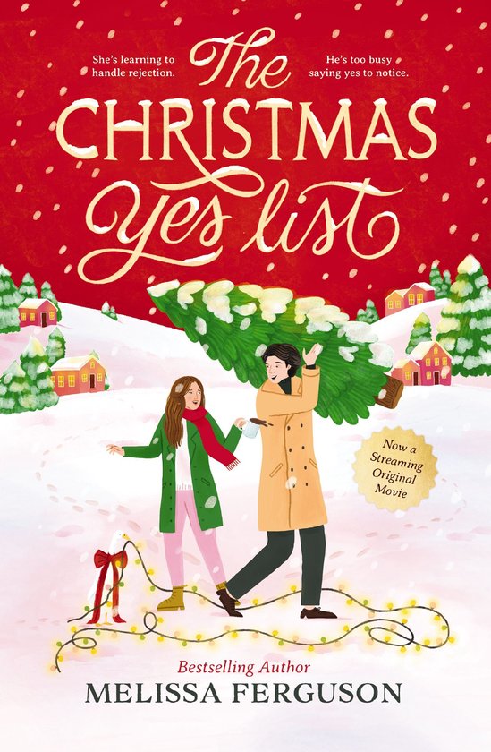 Boekomslag van 'The Christmas Yes List' met een stel dat kerstboom draagt in besneeuwd landschap, met tekst 'The Christmas Yes List'.