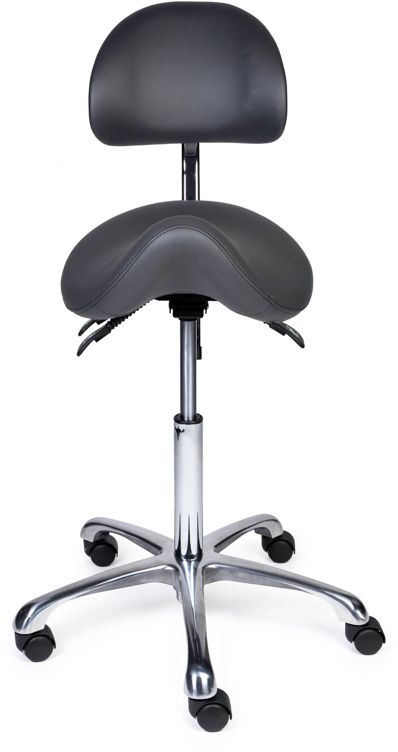 Ergonomische Zadelkruk met Rugleuning Premium Grijs op Wielen Hoge uitvoering (70-84cm) / Zonder voetensteun / Voetdoppen