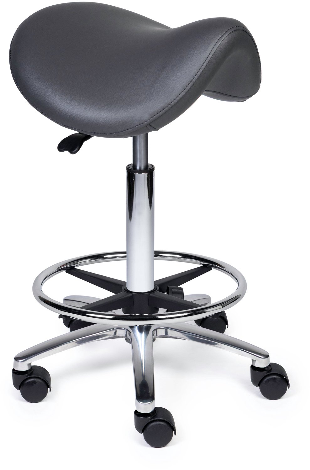 Ergonomische Zadelkruk Premium Grijs op Wielen Hoge uitvoering (70-84cm) / Met voetensteun / Voetdoppen