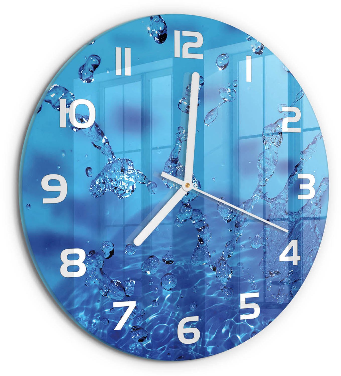 TULUP Wandklok - Waterdruppels Gekleurde Glazen Klok - fi30 cm - Blauw Glazen Klok Met Print - Witte handen - Ronde Klok - Moderne Wandklok Glas - Wandklok Glas Decoratie