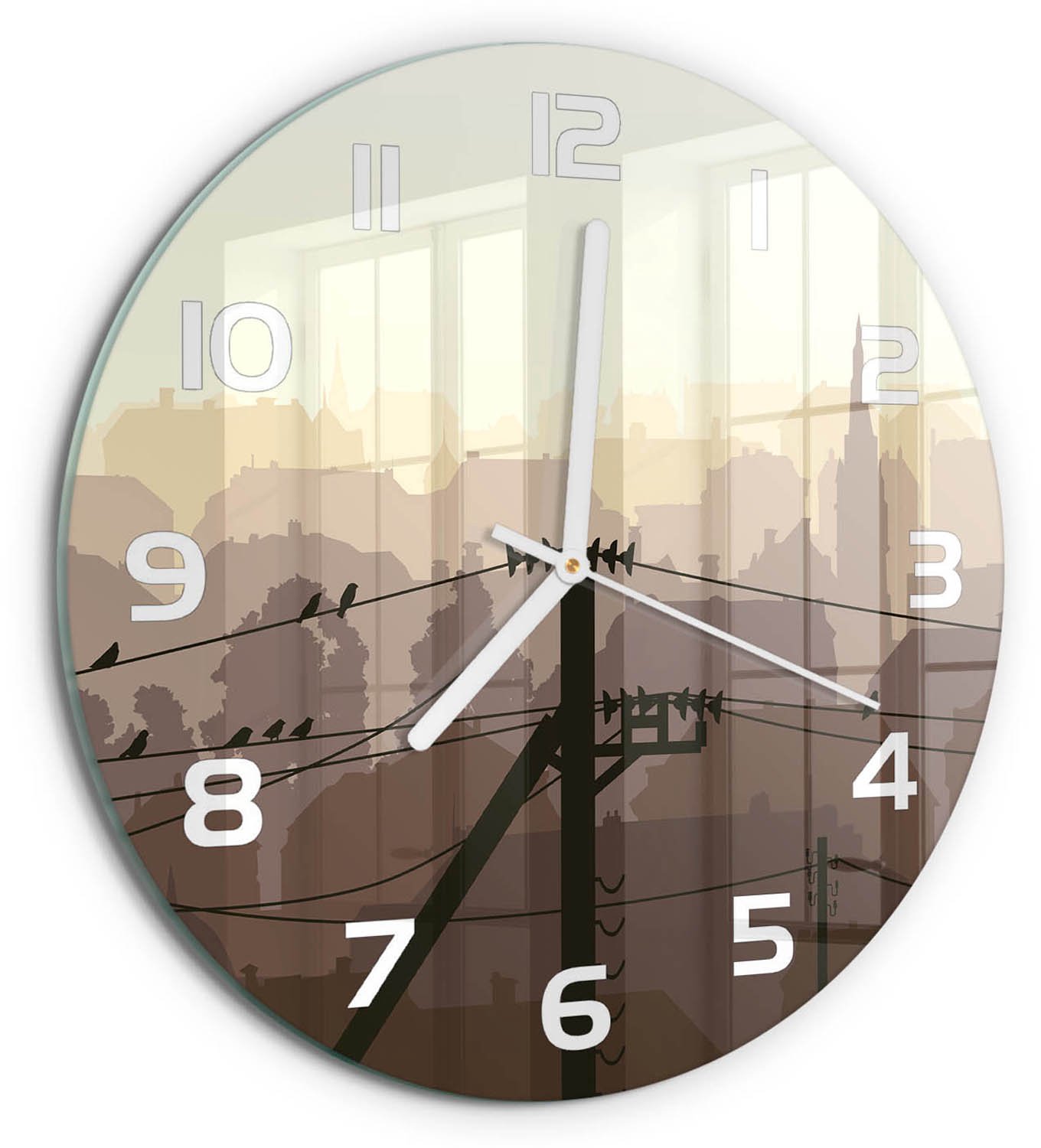 TULUP Wandklok - Stadsstroomleiding Glazen Klok Met Print - fi30 cm - Bruin Wandklok Glas Met Motief - Witte handen - Ronde Klok - Wandklok Glas Decoratie - Gekleurde Glazen Klok