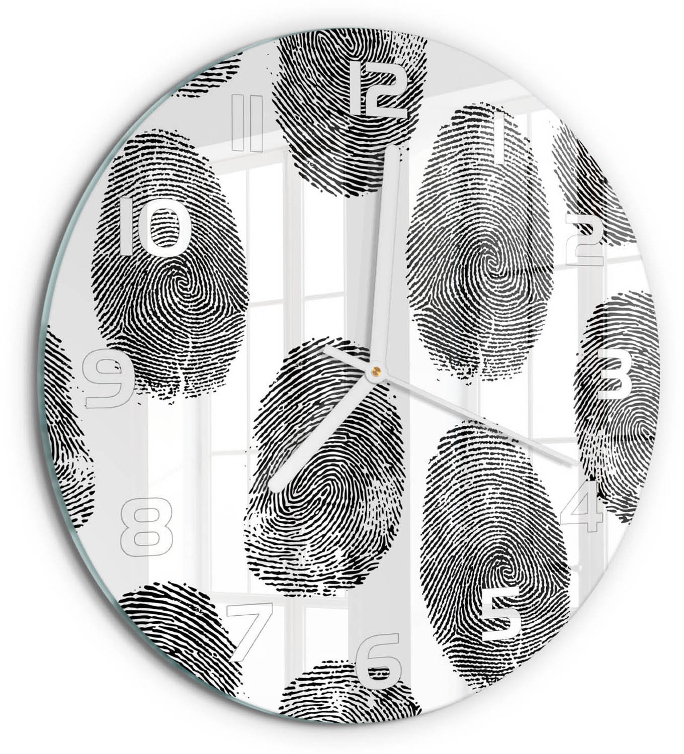 TULUP Wandklok - Vingerafdrukken Moderne Wandklok Glas - fi30 cm - Zwart-wit Wandklok Glas Decoratie - Witte handen - Ronde Klok - Glazen Wandklok Design - Klok Glas Met Opdruk
