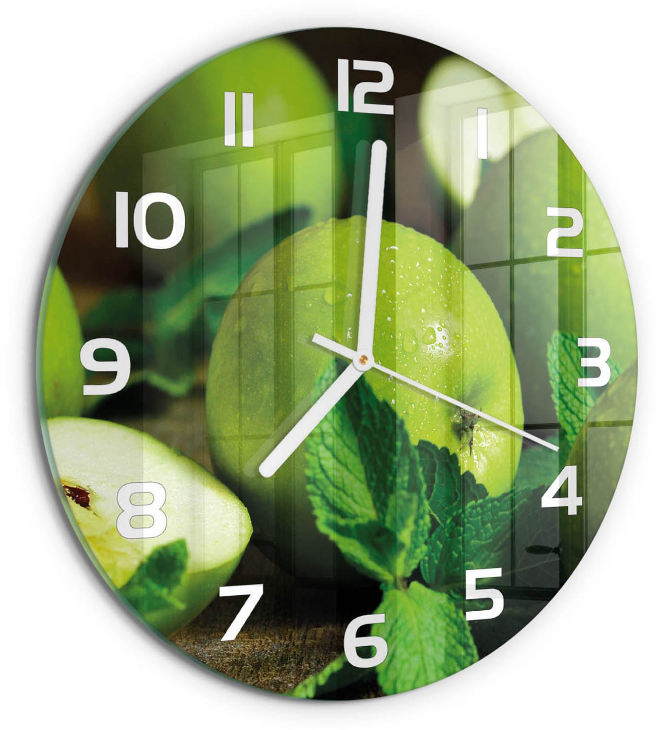 TULUP Wandklok - Groene appels Wandklok Glas Decoratie - fi30 cm - Groente Gekleurde Glazen Klok - Witte handen - Ronde Klok - Klok Glas Met Opdruk - Moderne Wandklok Glas