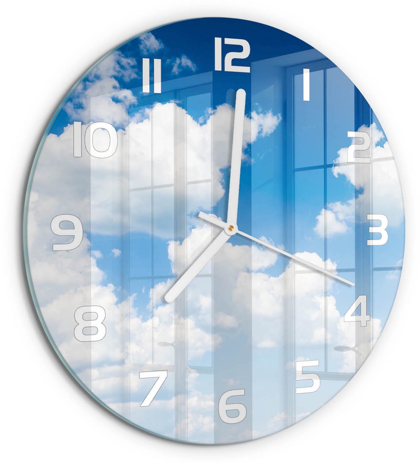 TULUP Wandklok - Wolken aan de hemel Decoratieve Glazen Klok - fi30 cm - Blauw Glazen Wandklok Design - Witte handen - Ronde Klok - Glazen Klok Met Print - Wandklok Glas Met Motief