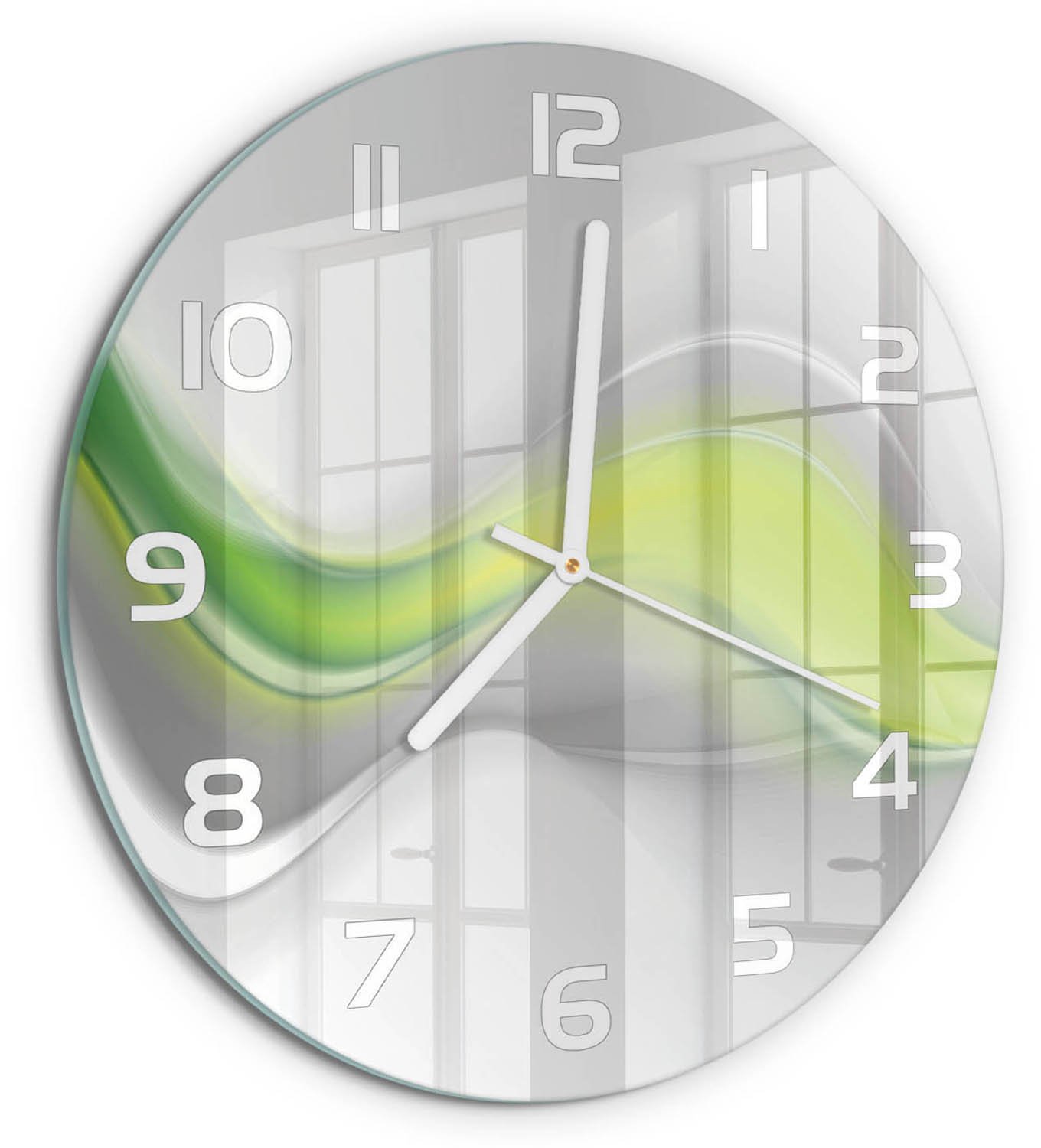 TULUP Wandklok - Golfabstractie Decoratieve Glazen Klok - fi30 cm - Groente Glazen Wandklok Design - Witte handen - Ronde Klok - Glazen Klok Met Print - Wandklok Glas Met Motief