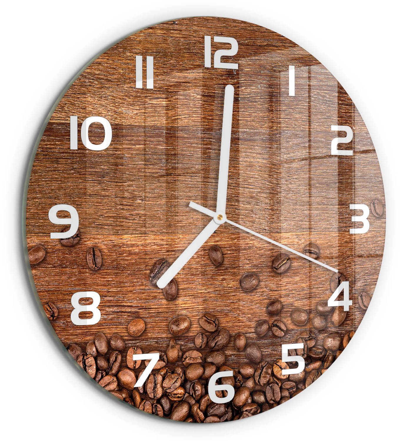 TULUP Wandklok - Koffiebonen Wandklok Glas Met Motief - fi30 cm - Bruin Decoratieve Glazen Klok - Witte handen - Ronde Klok - Gekleurde Glazen Klok - Glazen Klok Met Print