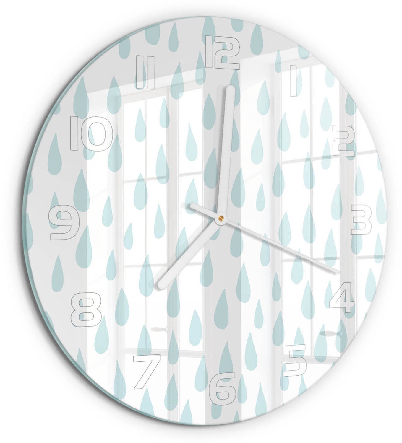 TULUP Wandklok - Druppel Wandklok Glas Met Motief - fi30 cm - Blauw Decoratieve Glazen Klok - Witte handen - Ronde Klok - Gekleurde Glazen Klok - Glazen Klok Met Print