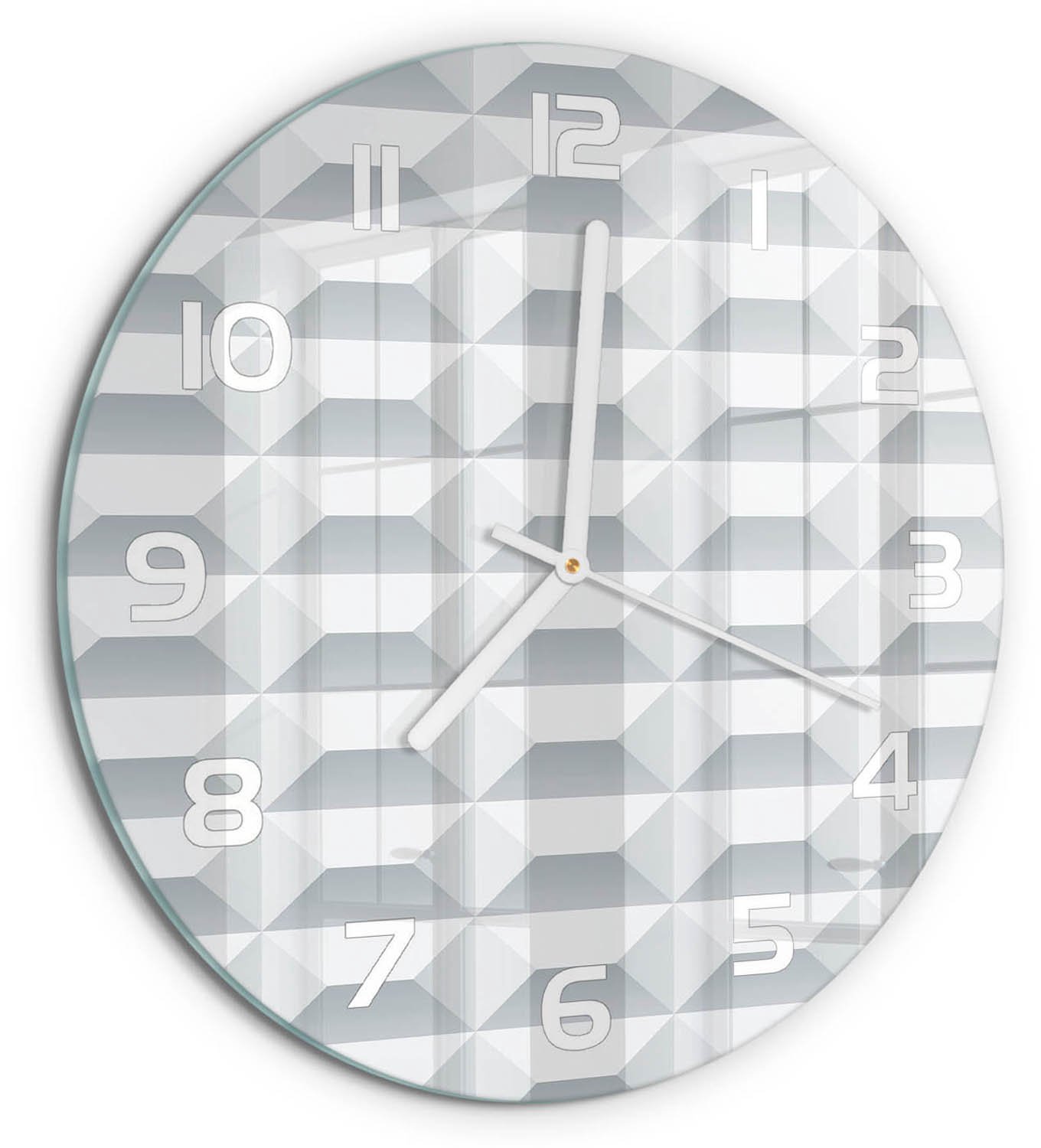 TULUP Wandklok - Geometrische achtergrond Wandklok Glas Decoratie - fi30 cm - Wit Gekleurde Glazen Klok - Witte handen - Ronde Klok - Klok Glas Met Opdruk - Moderne Wandklok Glas
