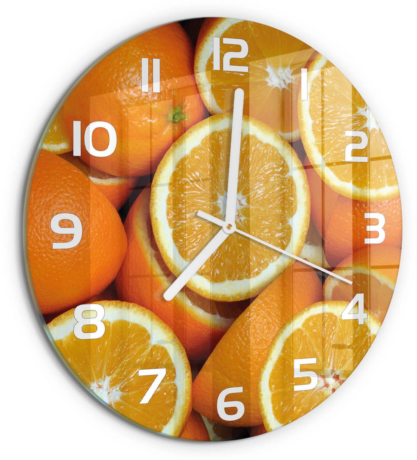 TULUP Wandklok - Sinaasappelhelften Glazen Wandklok Design - fi30 cm - Oranje Klok Glas Met Opdruk - Witte handen - Ronde Klok - Wandklok Glas Met Motief - Decoratieve Glazen Klok