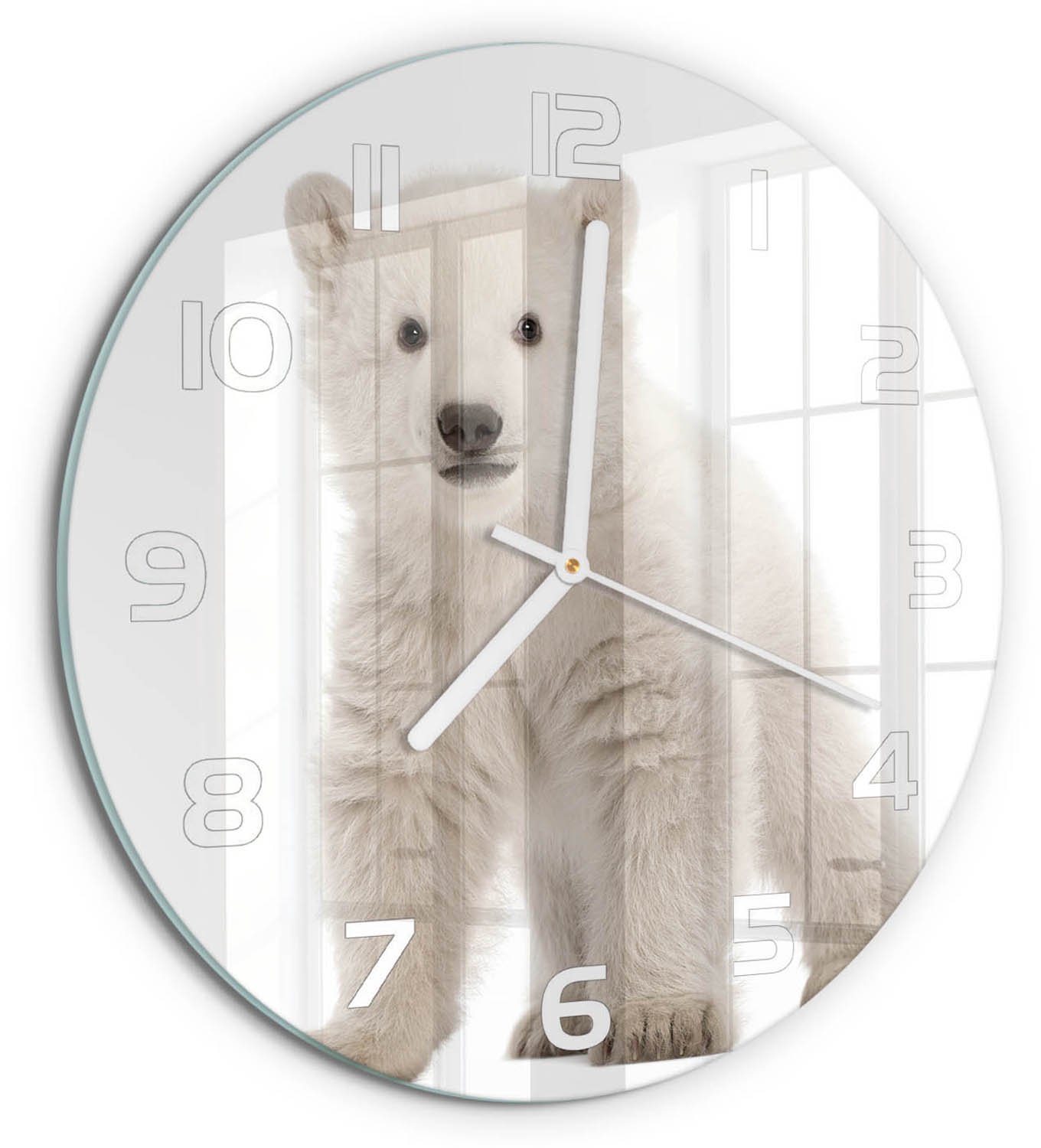 TULUP Wandklok - Ijsbeer Gekleurde Glazen Klok - fi30 cm - Wit Glazen Klok Met Print - Witte handen - Ronde Klok - Moderne Wandklok Glas - Wandklok Glas Decoratie