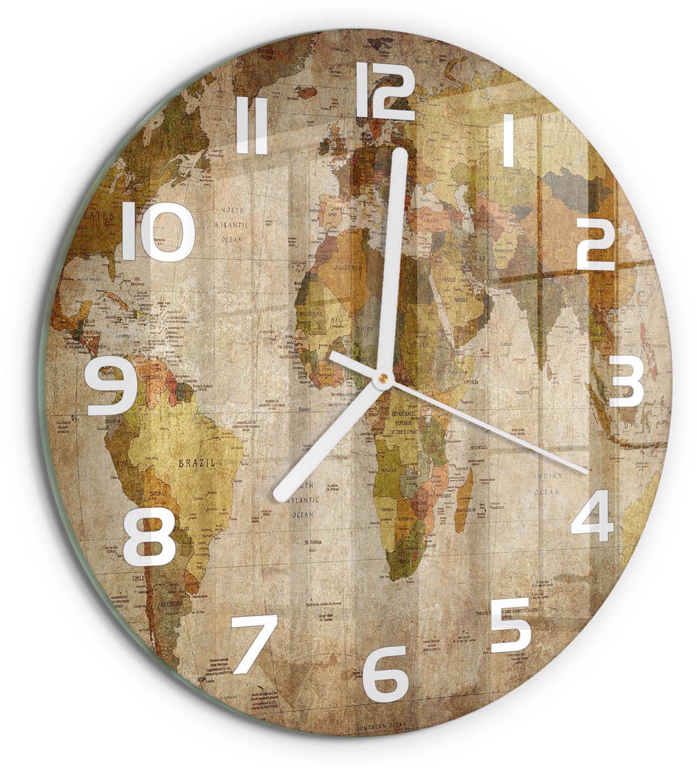 TULUP Wandklok - Politieke kaart Wandklok Glas Decoratie - fi30 cm - Bruin Gekleurde Glazen Klok - Witte handen - Ronde Klok - Klok Glas Met Opdruk - Moderne Wandklok Glas