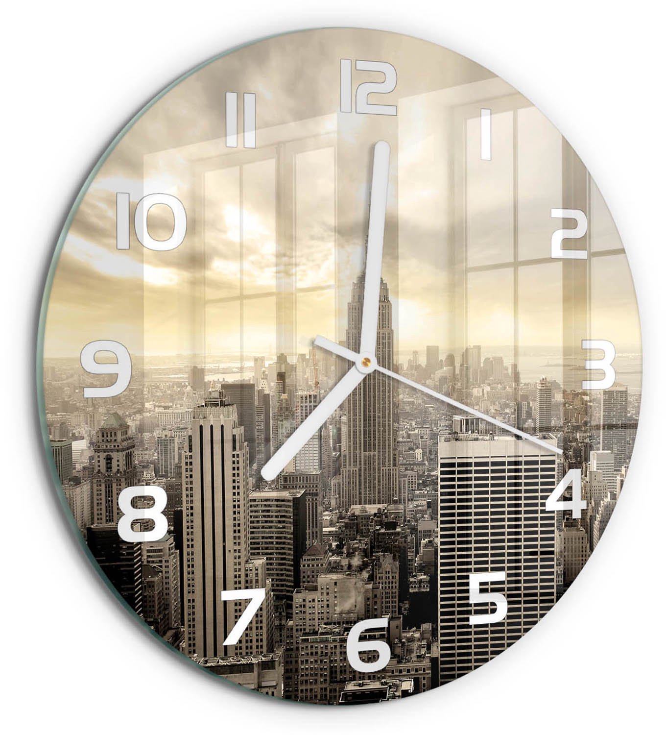 TULUP Wandklok - Manhattan, New York Glazen Klok Met Print - fi30 cm - Beige Wandklok Glas Met Motief - Witte handen - Ronde Klok - Wandklok Glas Decoratie - Gekleurde Glazen Klok