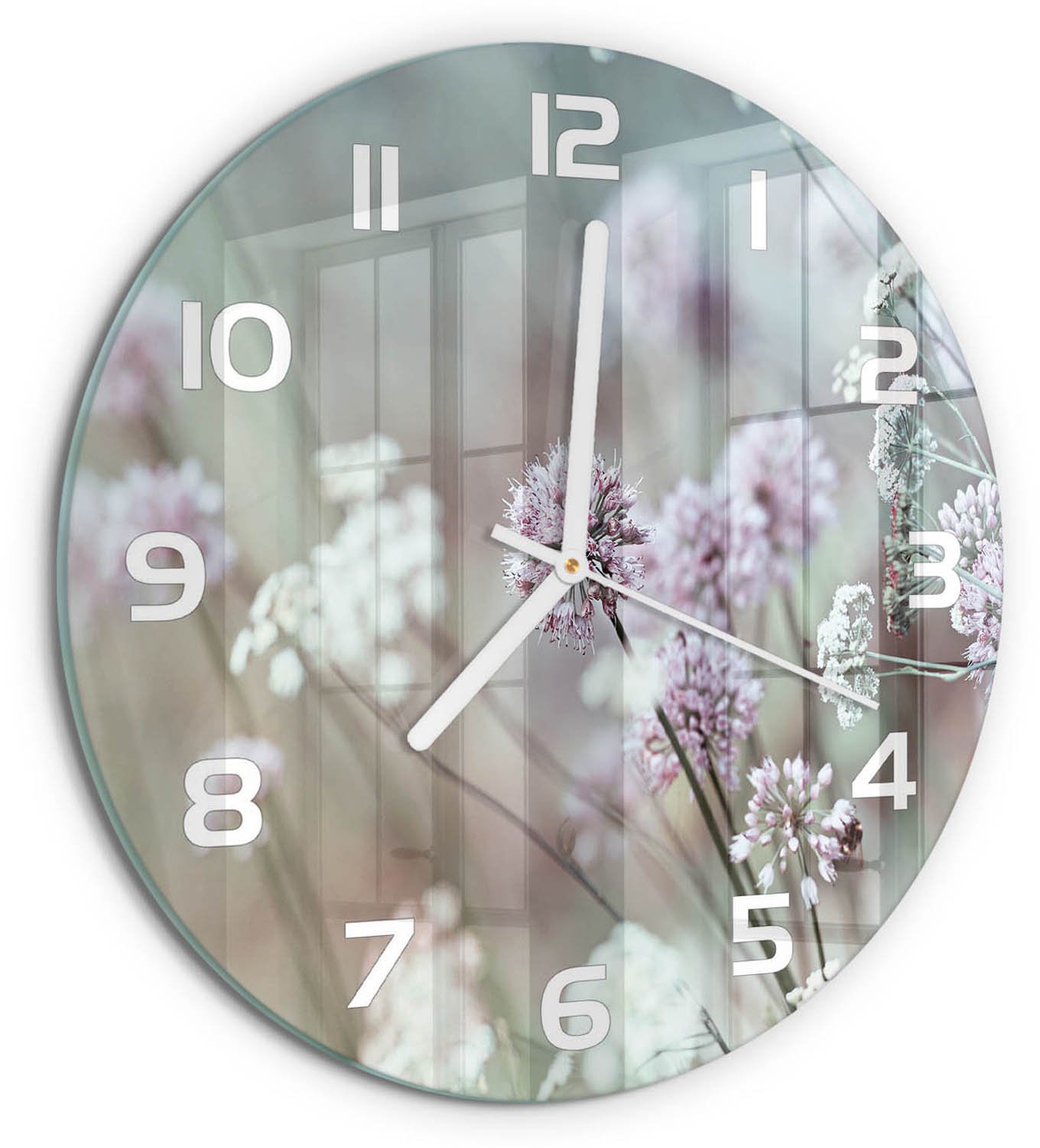 TULUP Wandklok - Wilde bloemen Glazen Wandklok Design - fi30 cm - Wit Klok Glas Met Opdruk - Witte handen - Ronde Klok - Wandklok Glas Met Motief - Decoratieve Glazen Klok