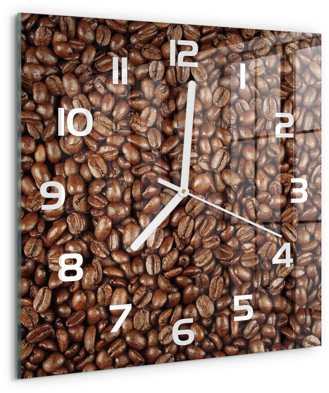 Tulup Wandklok - Koffiebonen Gekleurde Glazen Klok - 30x30 cm - Bruin Glazen Klok Met Print - Witte handen - Vierkante Klok - Moderne Wandklok Glas - Wandklok Glas Decoratie