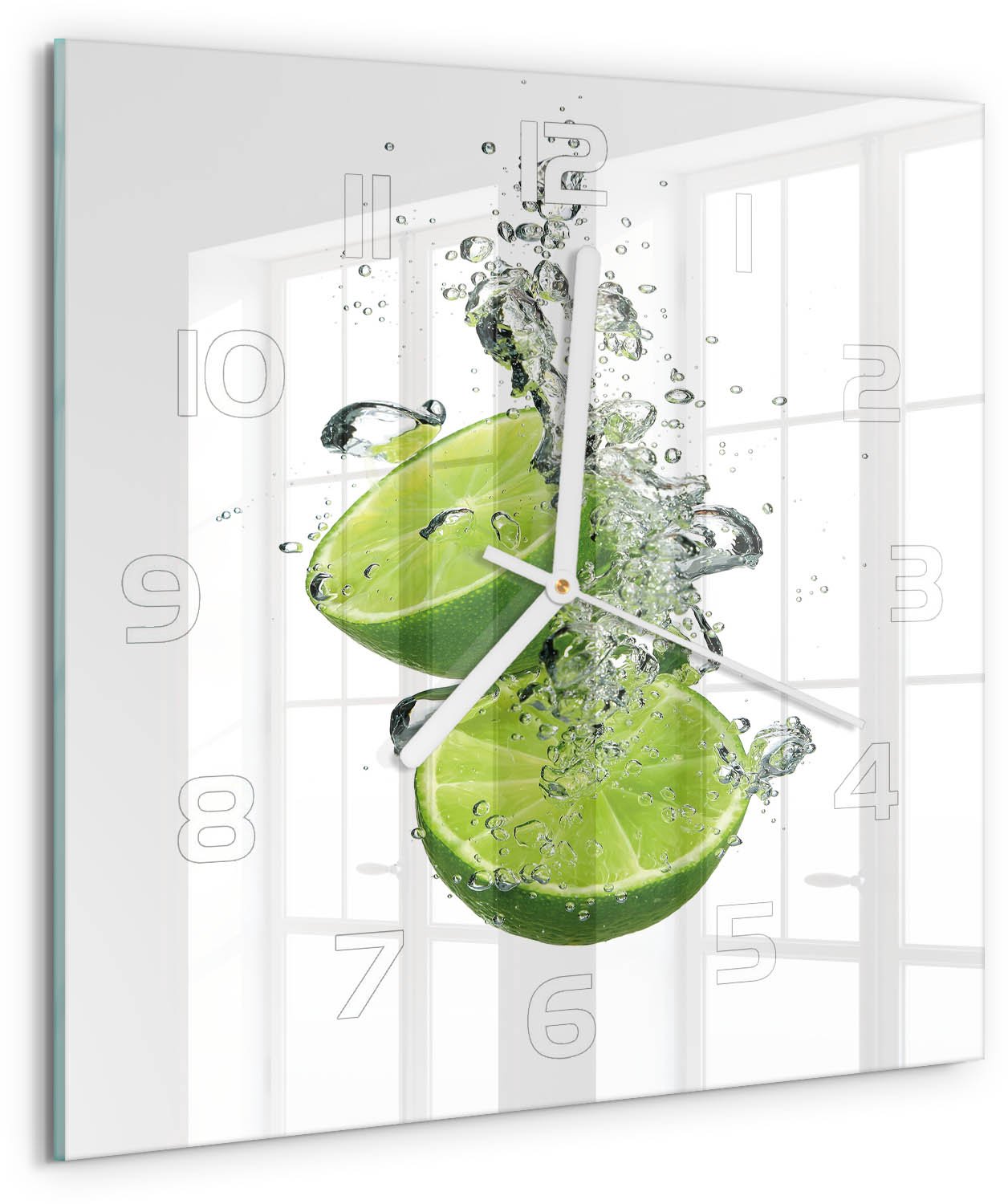 Tulup Wandklok - Kalk onder water Wandklok Glas Met Motief - 30x30 cm - Groente Decoratieve Glazen Klok - Witte handen - Vierkante Klok - Gekleurde Glazen Klok - Glazen Klok Met Print