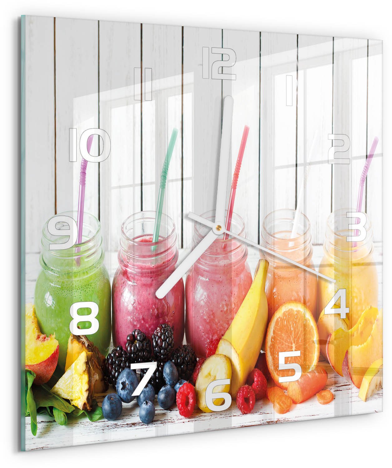 Tulup Wandklok - Fruitcocktails Wandklok Glas Met Motief - 30x30 cm - Veelkleurig Decoratieve Glazen Klok - Witte handen - Vierkante Klok - Gekleurde Glazen Klok - Glazen Klok Met Print