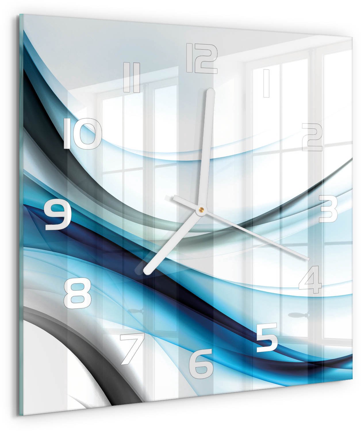Tulup Wandklok - Golfabstractie Wandklok Glas Decoratie - 30x30 cm - Blauw Gekleurde Glazen Klok - Witte handen - Vierkante Klok - Klok Glas Met Opdruk - Moderne Wandklok Glas