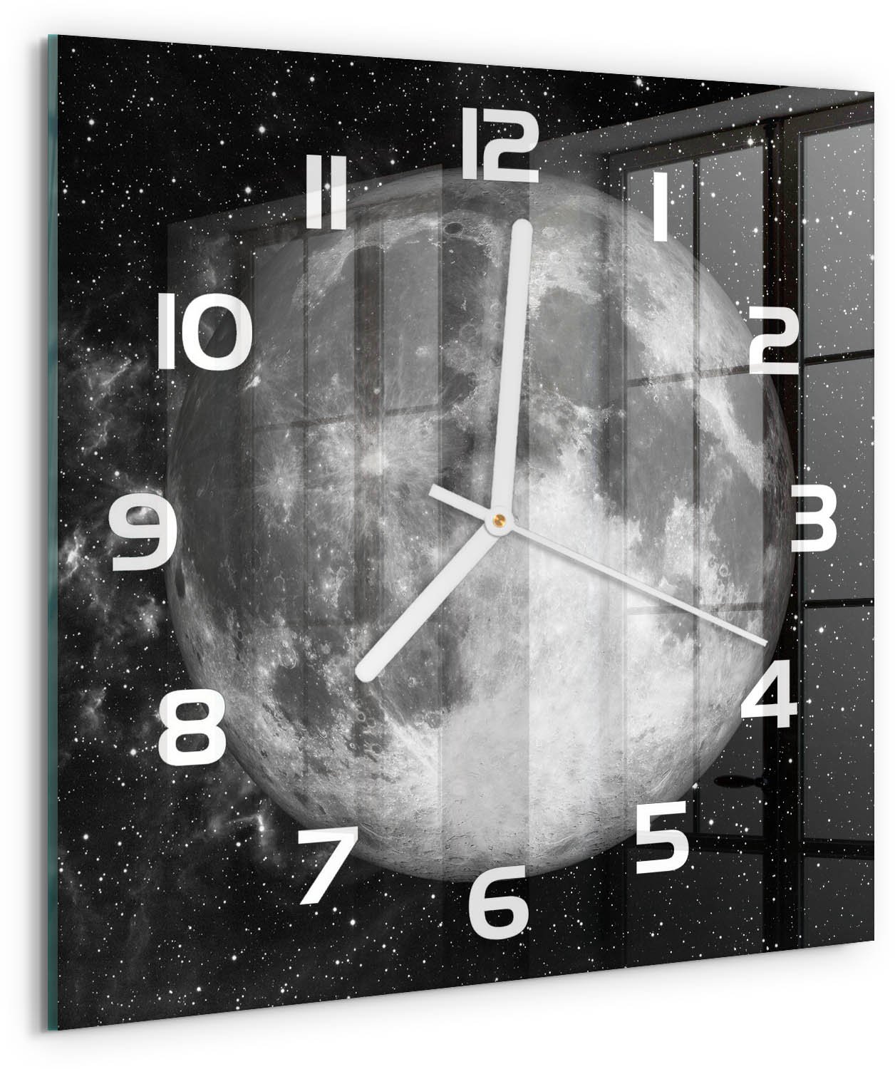 TULUP Wandklok - Maan Moderne Wandklok Glas - 30x30 cm - Zwart-wit Wandklok Glas Decoratie - Witte handen - Vierkante Klok - Glazen Wandklok Design - Klok Glas Met Opdruk