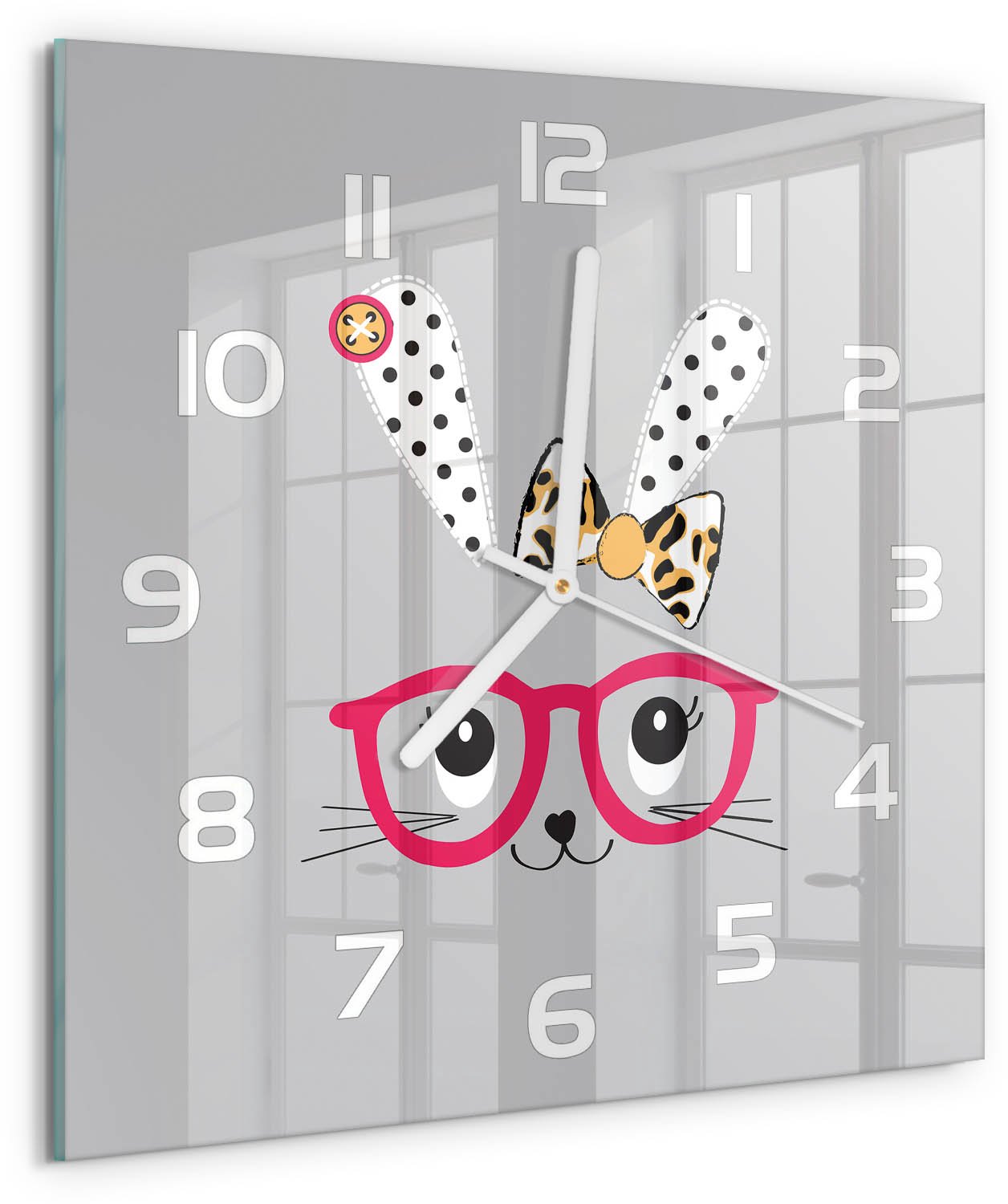 Tulup Wandklok - Konijn met bril Wandklok Glas Met Motief - 30x30 cm - Roze Decoratieve Glazen Klok - Witte handen - Vierkante Klok - Gekleurde Glazen Klok - Glazen Klok Met Print