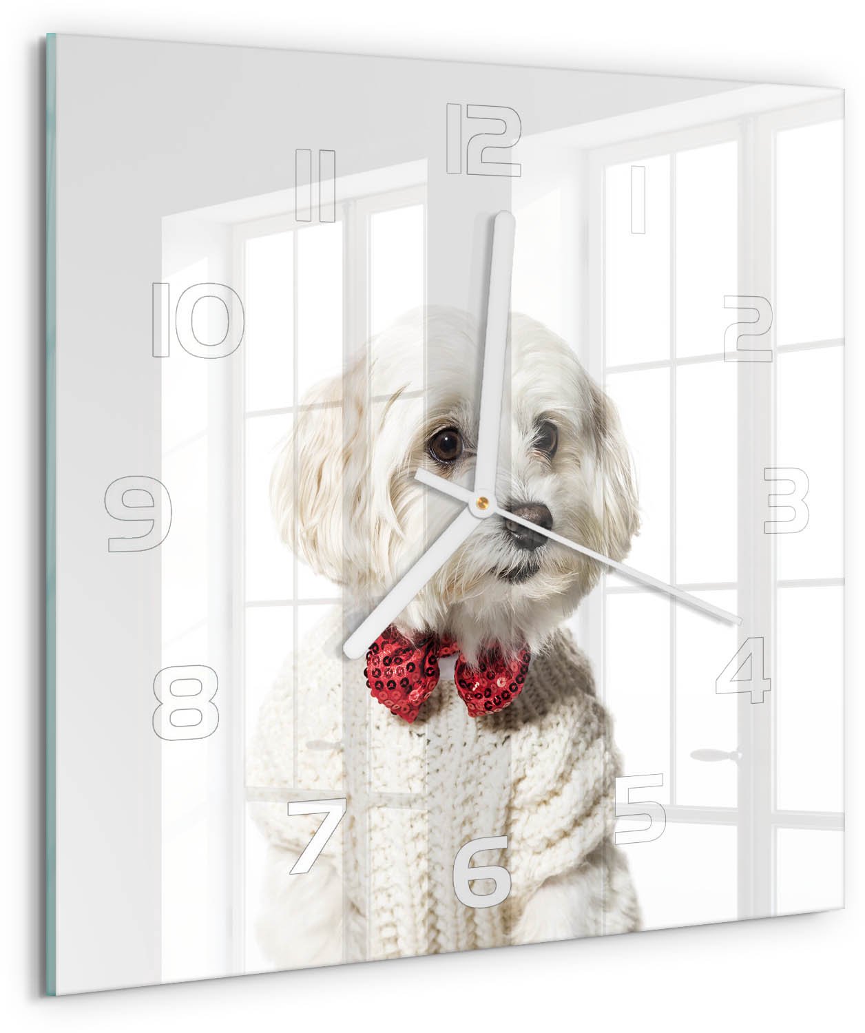 Tulup Wandklok - Maltezer met een vlinderdas Glazen Klok Met Print - 30x30 cm - Rood Wandklok Glas Met Motief - Witte handen - Vierkante Klok - Wandklok Glas Decoratie - Gekleurde Glazen Klok