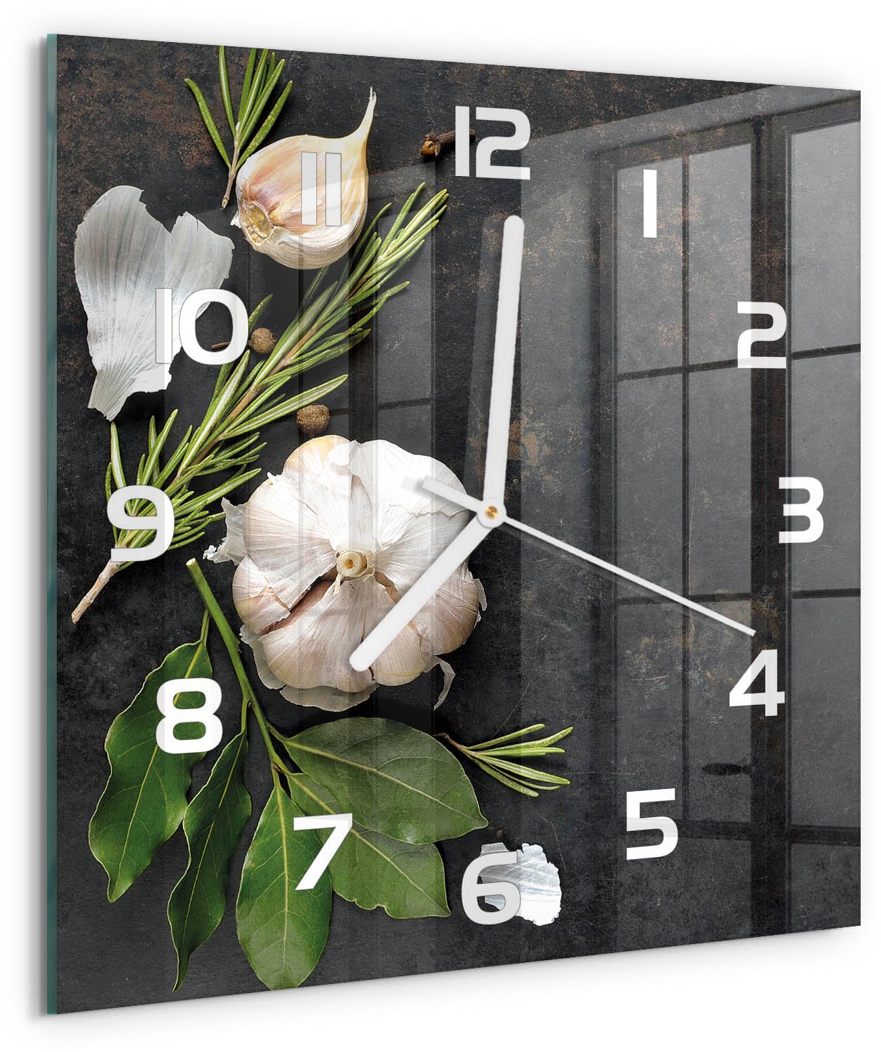 Tulup Wandklok - Knoflook Glazen Wandklok Design - 30x30 cm - Wit Klok Glas Met Opdruk - Witte handen - Vierkante Klok - Wandklok Glas Met Motief - Decoratieve Glazen Klok