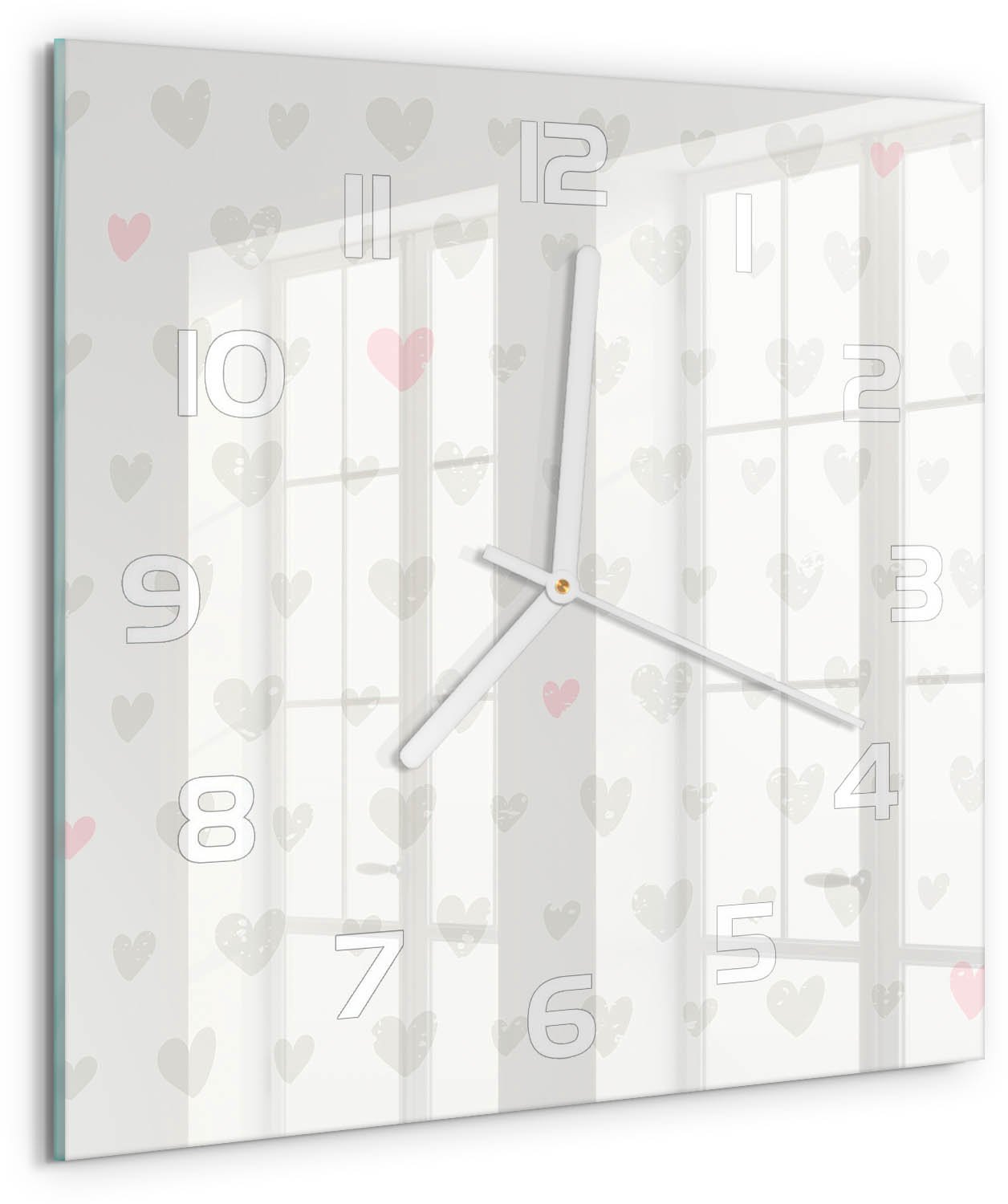 TULUP Wandklok - Hartachtergrond Glazen Wandklok Design - 30x30 cm - Grijs Klok Glas Met Opdruk - Witte handen - Vierkante Klok - Wandklok Glas Met Motief - Decoratieve Glazen Klok