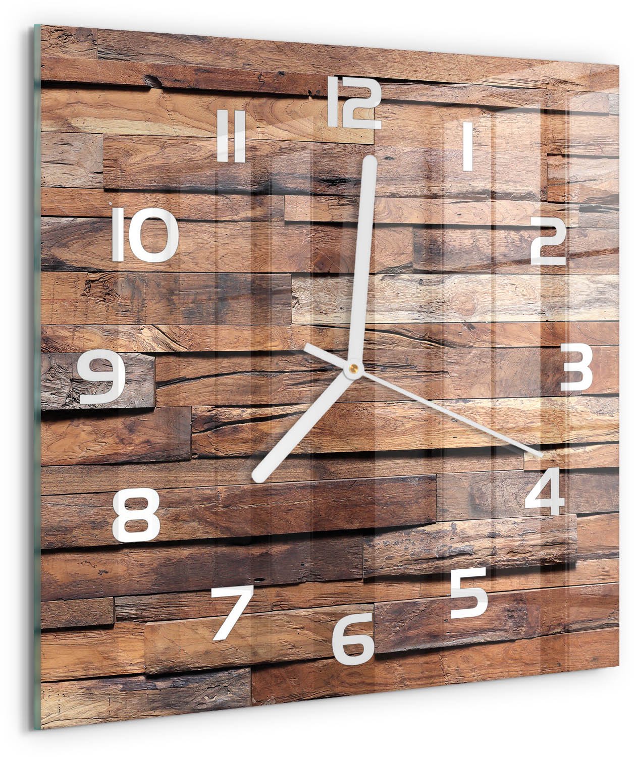 TULUP Wandklok - Houten muur Moderne Wandklok Glas - 30x30 cm - Bruin Wandklok Glas Decoratie - Witte handen - Vierkante Klok - Glazen Wandklok Design - Klok Glas Met Opdruk