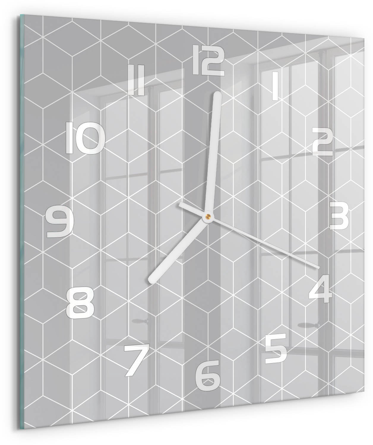 TULUP Wandklok - Geometrische achtergrond Glazen Wandklok Design - 30x30 cm - Grijs Klok Glas Met Opdruk - Witte handen - Vierkante Klok - Wandklok Glas Met Motief - Decoratieve Glazen Klok