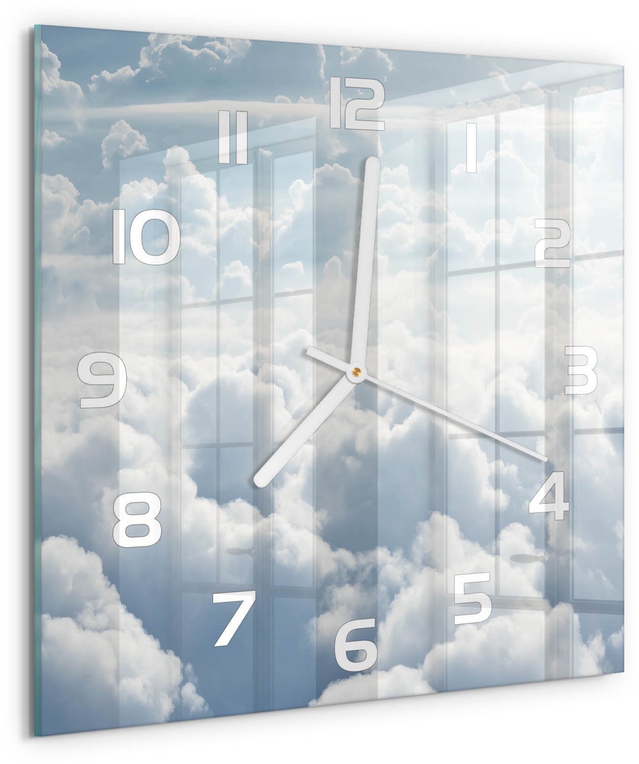 Tulup Wandklok - Wolken gezien vanuit vogelperspectief Wandklok Glas Decoratie - 30x30 cm - Wit Gekleurde Glazen Klok - Witte handen - Vierkante Klok - Klok Glas Met Opdruk - Moderne Wandklok Glas
