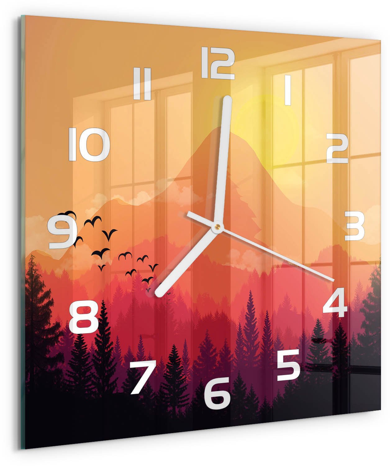 Tulup Wandklok - Berglandschap Moderne Wandklok Glas - 30x30 cm - Oranje Wandklok Glas Decoratie - Witte handen - Vierkante Klok - Glazen Wandklok Design - Klok Glas Met Opdruk